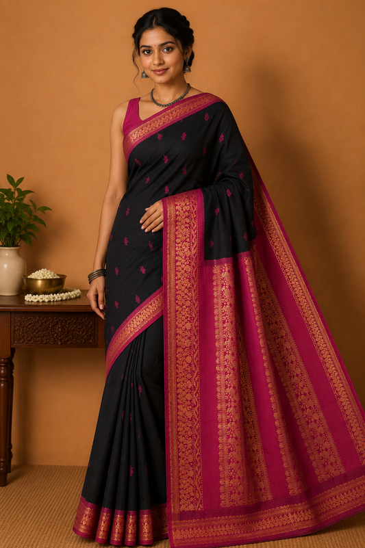 Kalyani Cotton Saree in Black with Rani Pink Zari Pallu