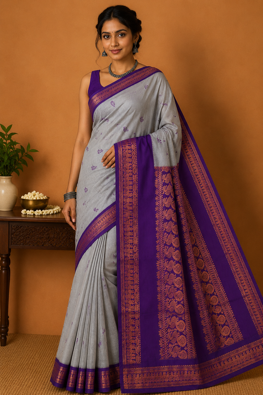 Kalyani Cotton Saree in Pearl Grey with Royal Purple Zari Pallu