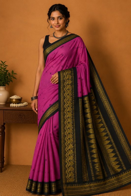 Kalyani Cotton Saree in Rani Pink with Black Antique Gold Zari Border