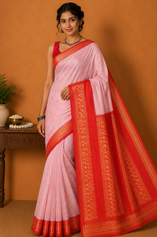 Kalyani Cotton Saree in Baby Pink with Vermilion Red Zari Pallu