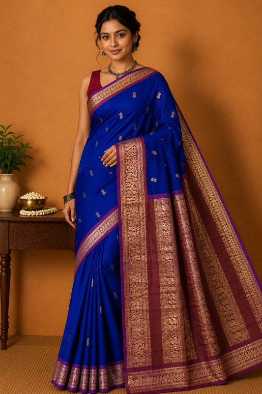 Kalyani Cotton Saree in Royal Blue with Maroon Gold Zari Pallu