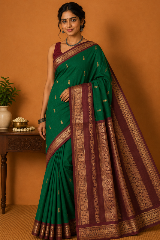 Kalyani Cotton Saree in Emerald Green with Wine Maroon Zari Woven Pallu