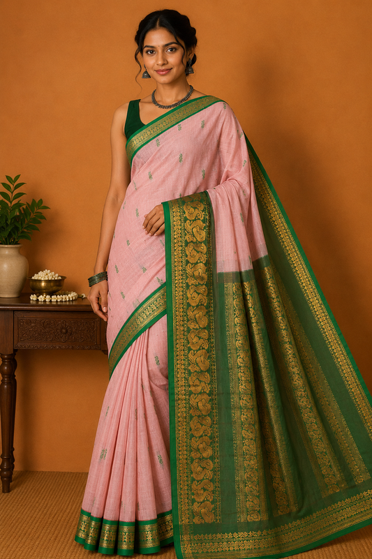Kalyani Cotton Saree in Baby Pink with Emerald Green Zari Woven Pallu