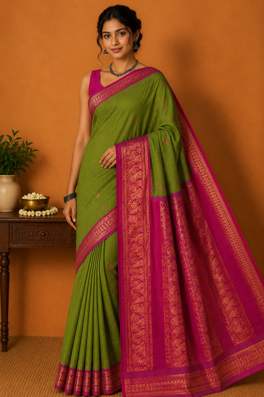 Kalyani Cotton Saree in Leaf Green with Rani Pink Zari Woven Pallu