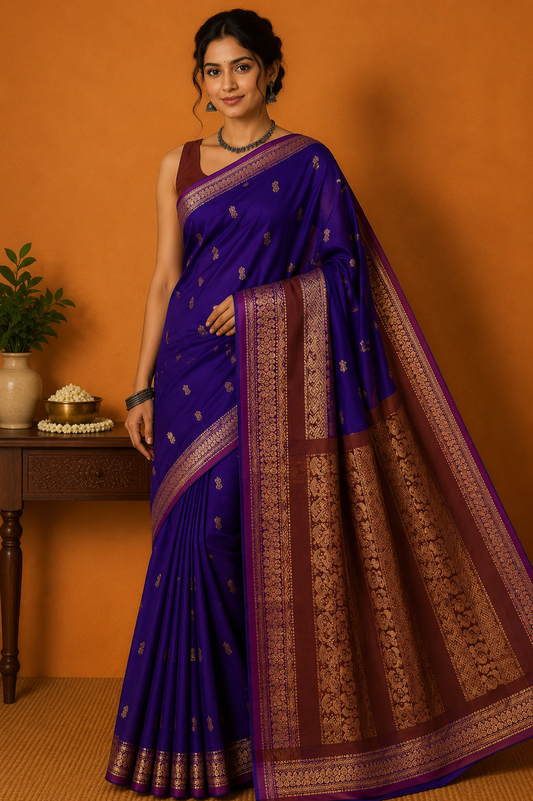 Deep Violet Kalyani Cotton Saree with Wine Brown Zari Woven Pallu