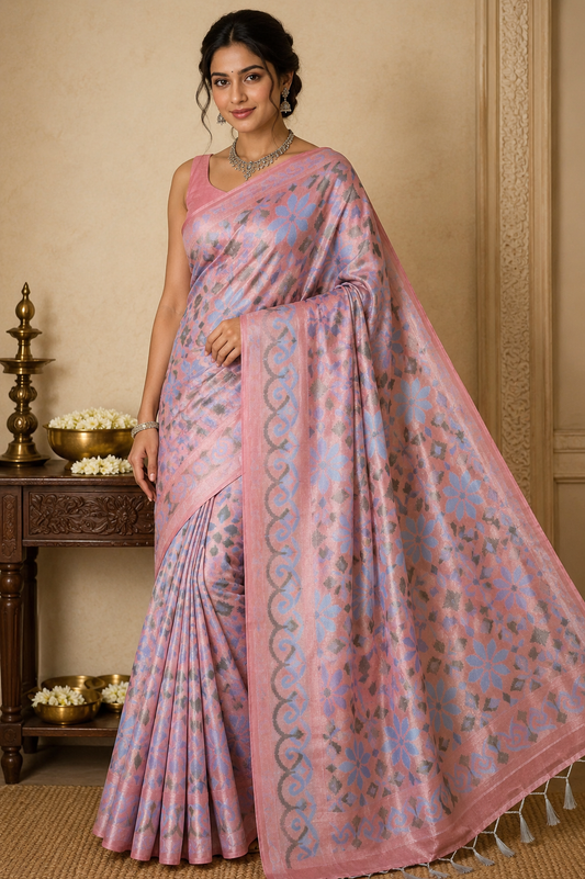 Meena Tissue Saree in Blush Pink with Powder Blue Floral Weaves & Silver Grey Accents