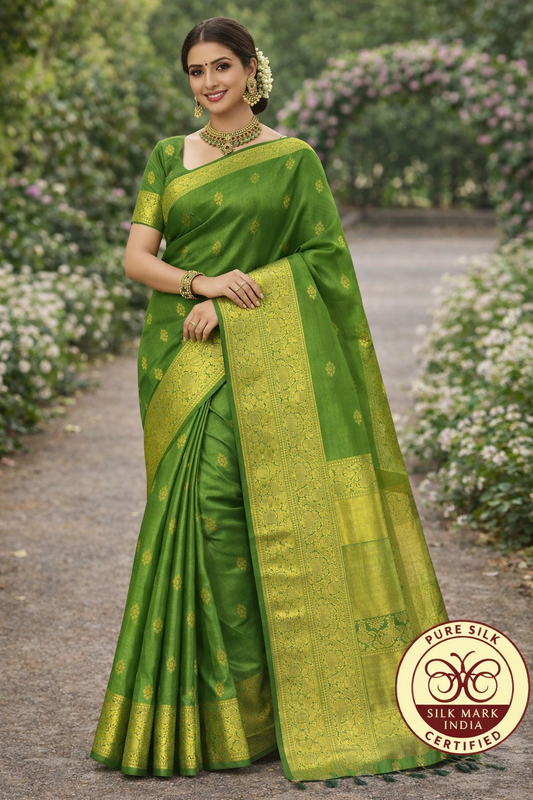 Rich leaf green with Gold Zari Kanjivaram Pure Silk Saree