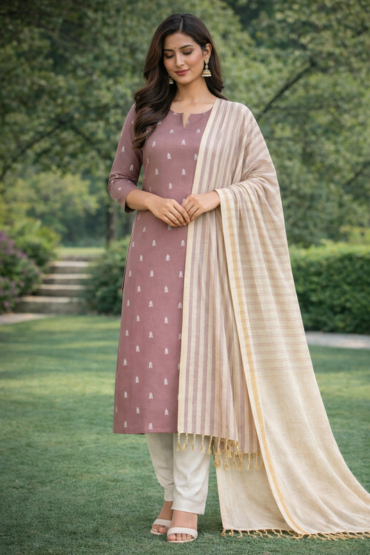Mauve Taupe shade Silk Cotton Suit Set with Striped Dupatta & Off-White Salwar