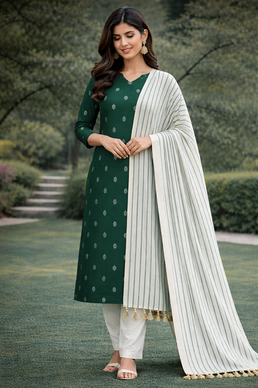 Emerald Green Silk Cotton Suit Set with Printed Dupatta & Off-White Salwar