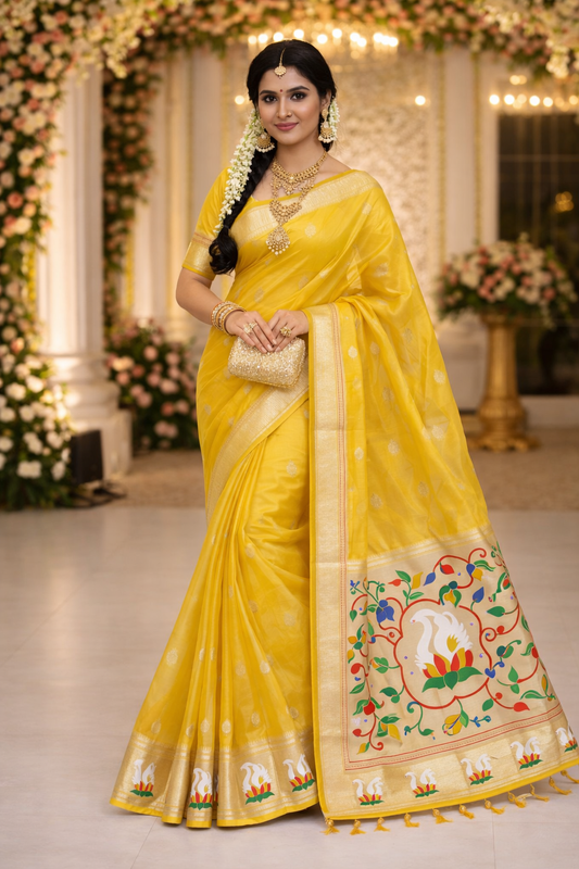 Mustard Yellow Organza Silk Saree