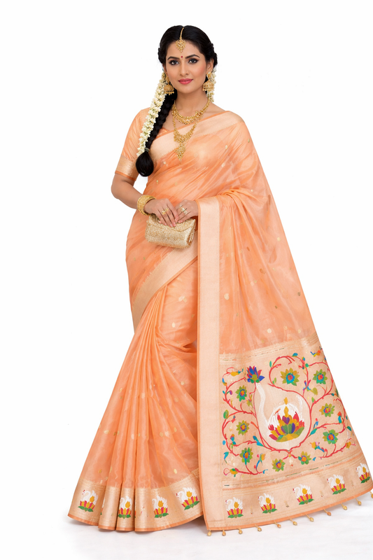 Peach Organza Silk Saree
