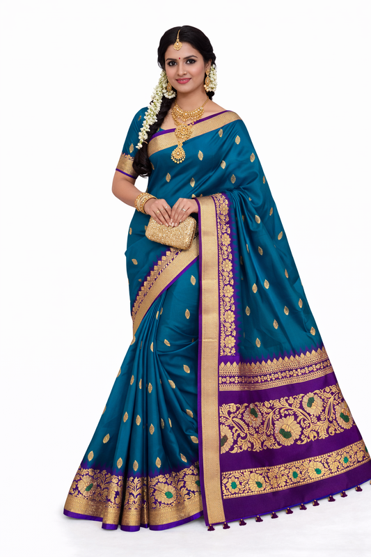 Elegant Peacock Blue Soft Silk Saree