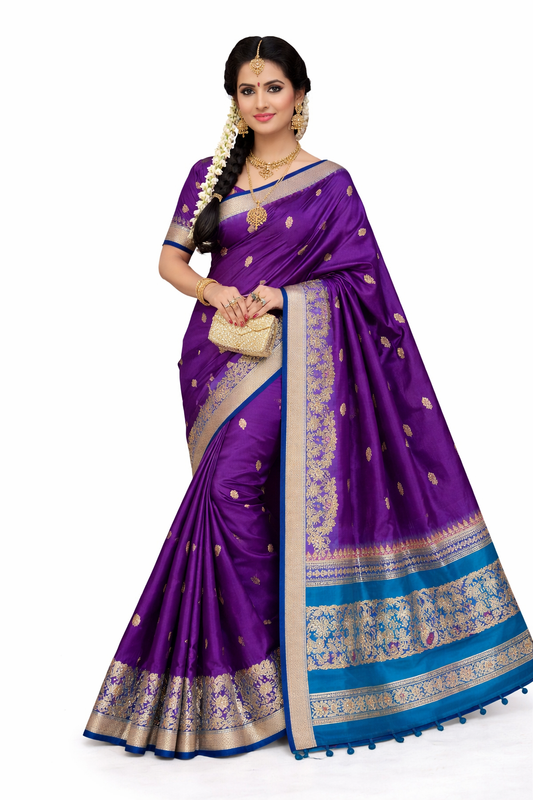Royal Purple Soft Silk Saree with Peacock Blue Zari Border