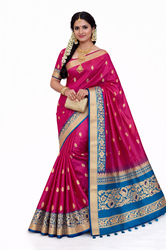 Rani Pink Soft Silk Saree with Peacock Blue Zari Border