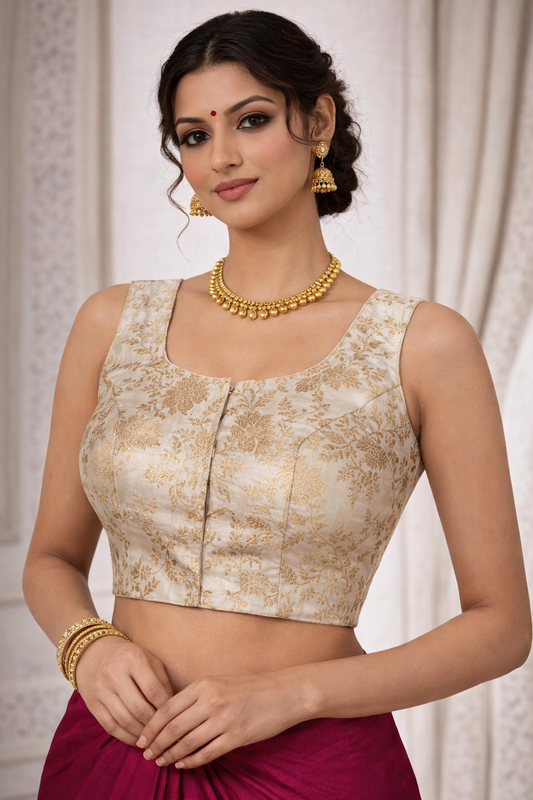 Off White Banarasi Brocade Ready-Made Stretchable Blouse (32–42 Size) with Attached Sleeves