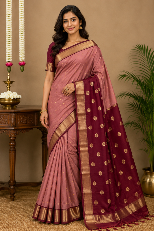 Dusty Rose & Maroon Maheshwari Cotton Silk Saree with Golden Zari Border