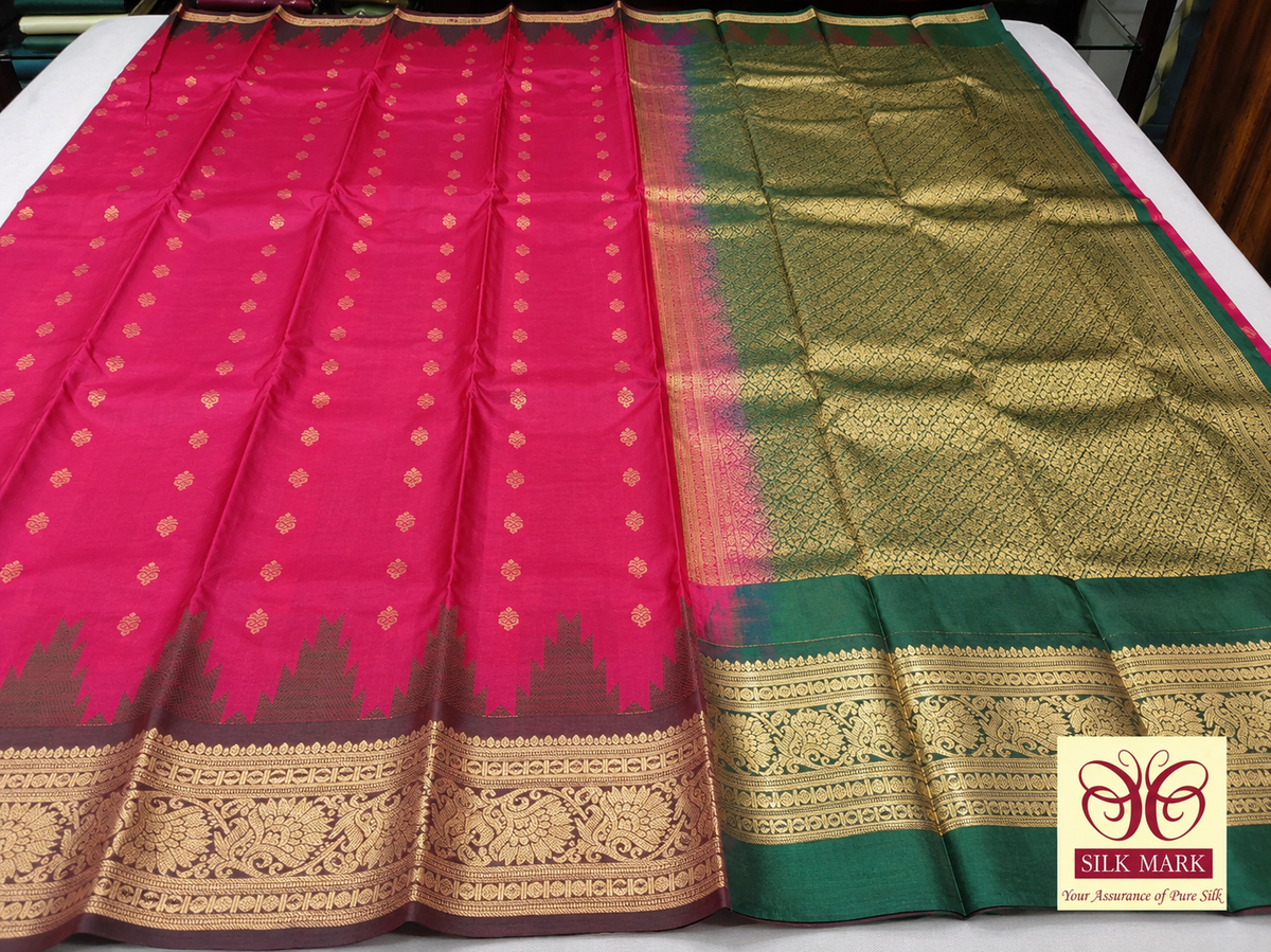 Rani Pink & Emerald Green Pure Kanjivaram Handloom Silk Saree with Temple Border