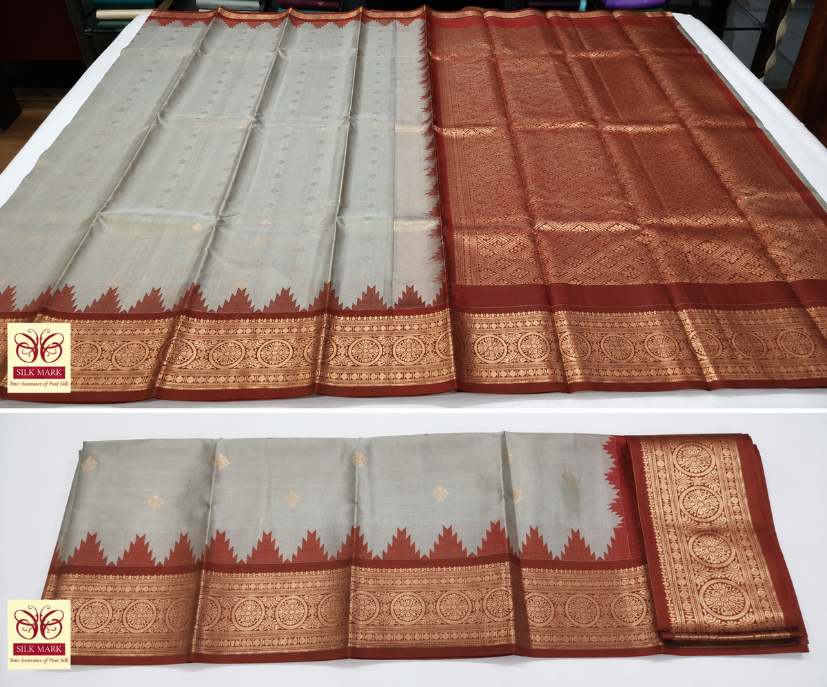 Silver Grey & Brownish Red Pure Kanjivaram Handloom Silk Saree with Temple Border