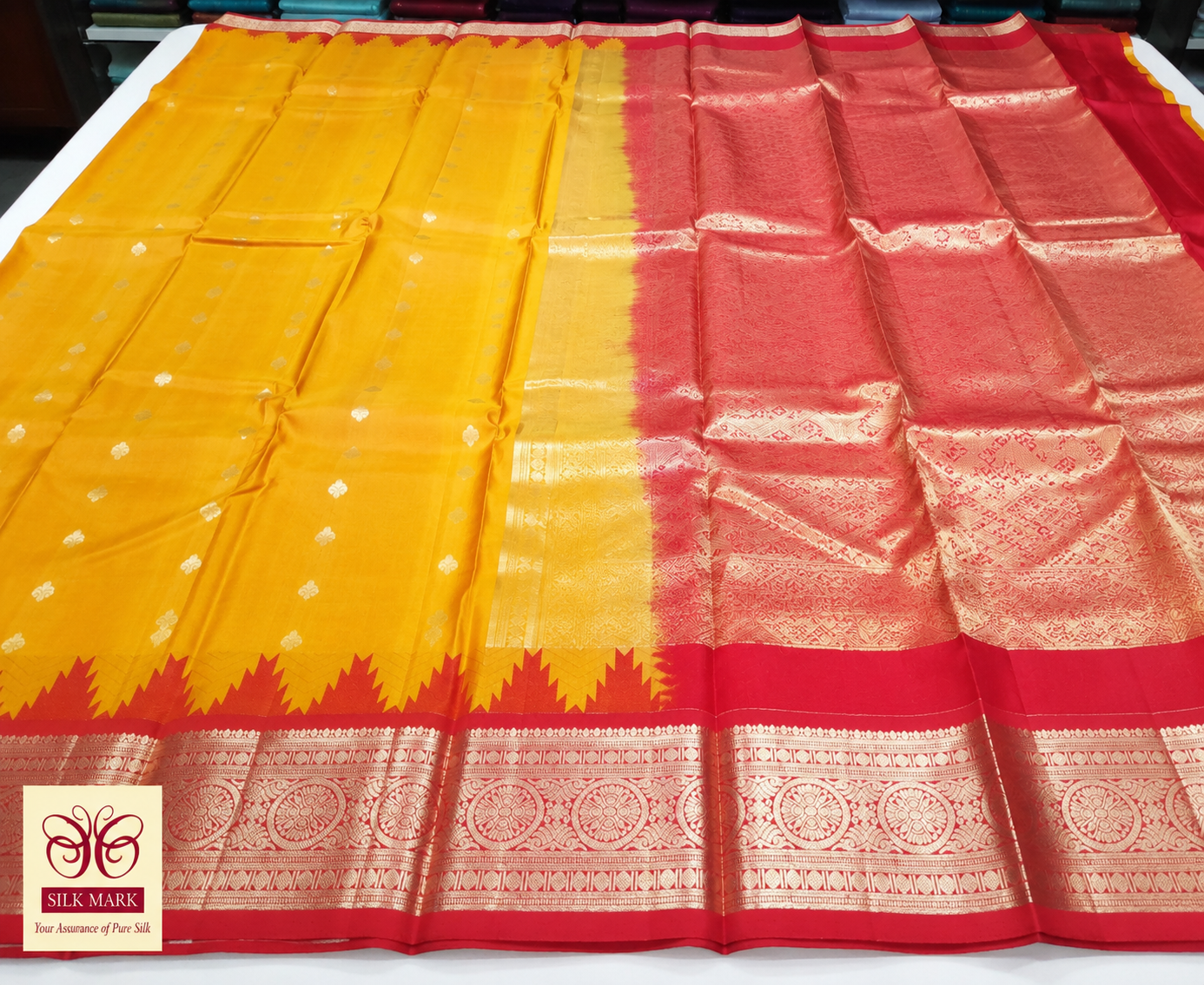 Golden Yellow & Red Pure Kanjivaram Handloom Silk Saree with Temple Border