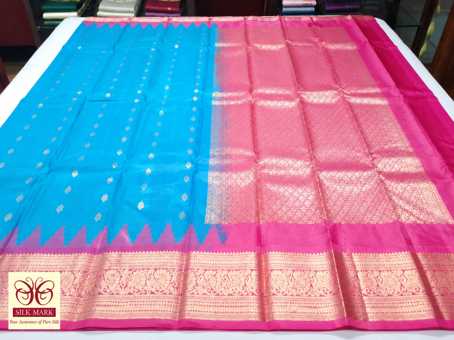 Turquoise Blue & Rani Pink Pure Kanjivaram Handloom Silk Saree with Temple Border