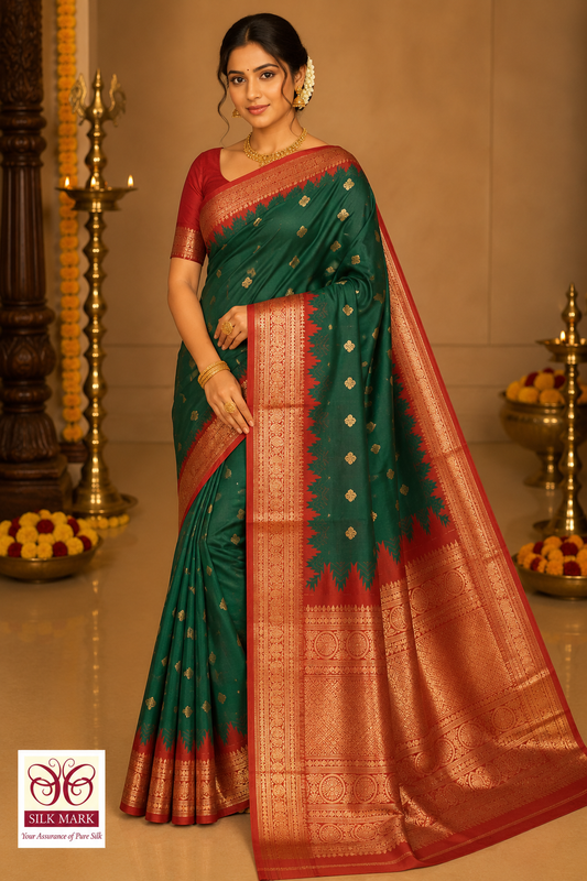 Emerald Green & Rust Red Pure Kanjivaram Handloom Silk Saree with Temple Border