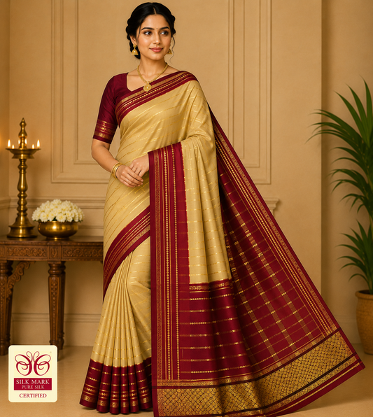 Pure Mysore Silk Saree in Beige Gold & Maroon Red with Traditional Zari Border