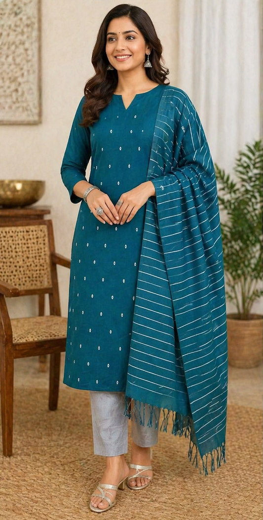Elegant Teal Green Cotton Silk Unstitched Salwar Suit with Striped Dupatta