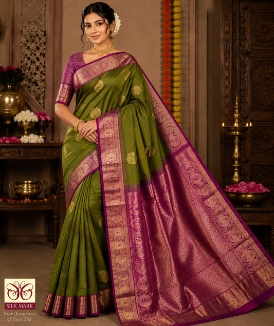 Pure Handloom Silk Kanjivaram Saree in Olive Green with Rich Magenta Zari Pallu