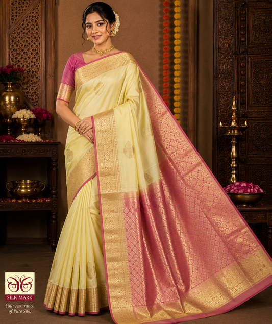 Dual Tone Saree in Ivory Lemon Yellow with Rose Pink Rich Zari Pallu