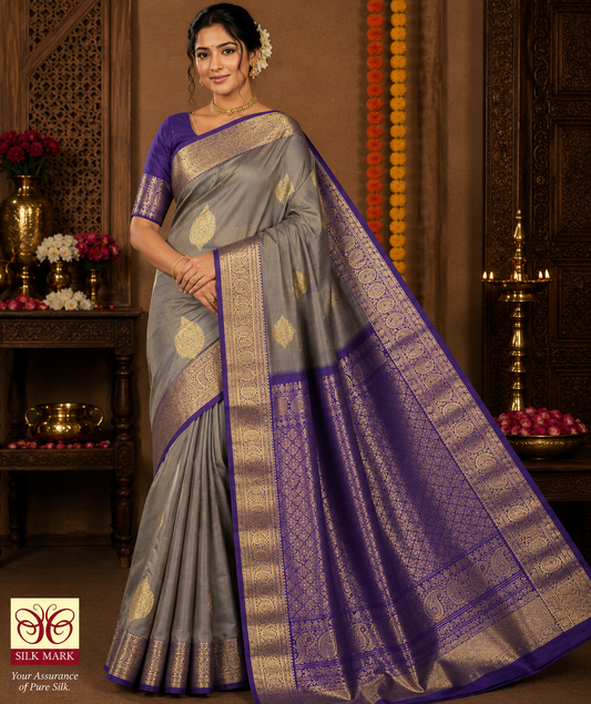 Dual Tone Saree – Silver Grey & Royal Violet with Rich Gold Zari Weaving