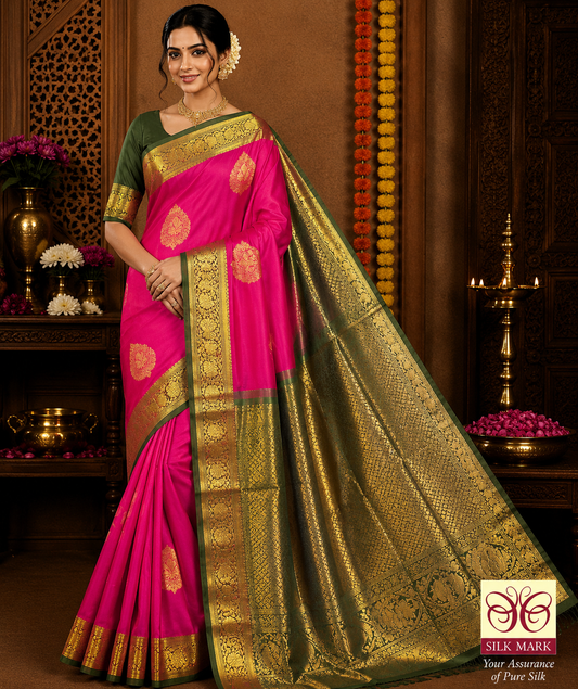 Dual Tone Saree – Rani Pink & Bottle Green with Rich Zari Weaving