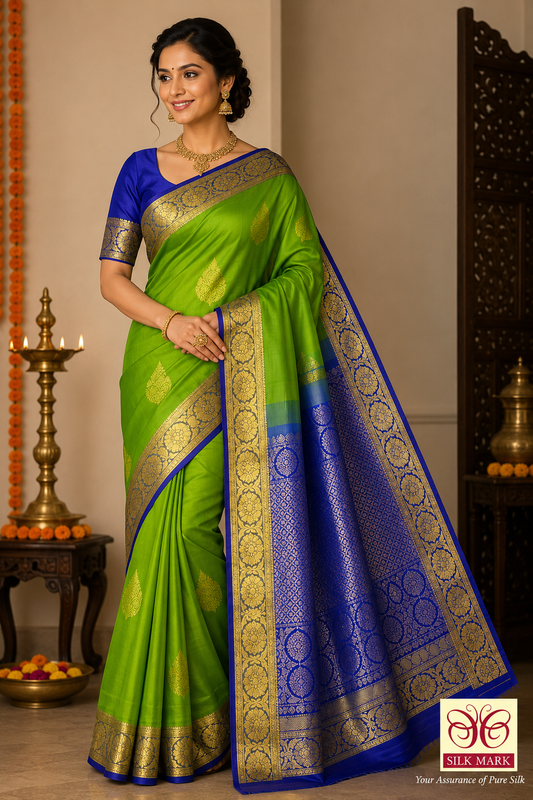 Kanjivaram Saree Dual Tone– Parrot Green & Royal Blue with Rich Gold Zari Weaving