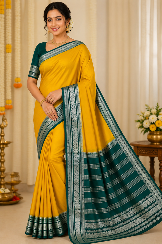 Mysore Silk Saree in Mustard Yellow with Bottle Green Silver Zari Border & Pallu