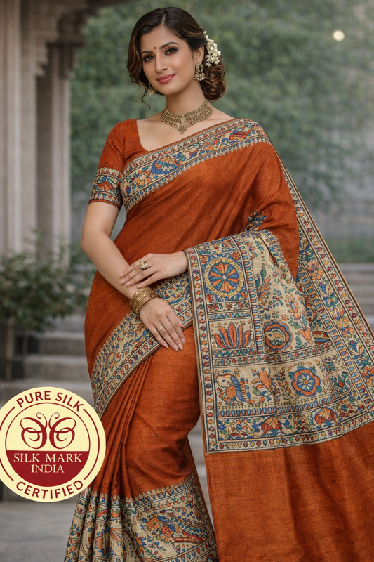 Rust-brown Pure Tussar Silk Saree with Madhubani Hand Painting