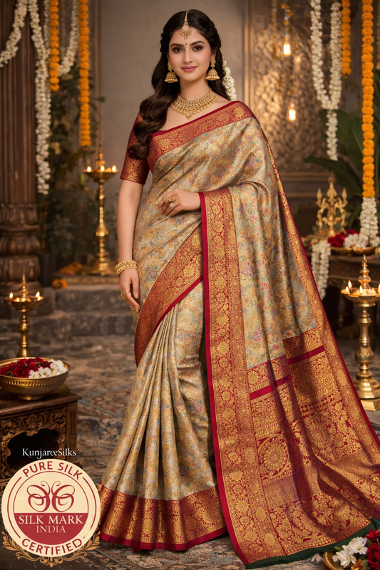 Antique Gold floral Meenakari Pure Kanjivaram Handloom Silk Saree