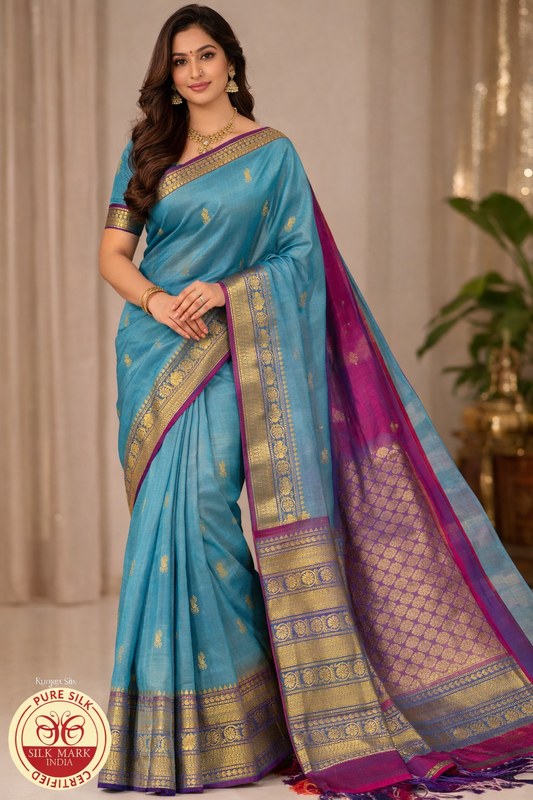 Handloom Pure Kanjivaram Silk Saree – Dual shade Elegant Blue with Royal Zari Border