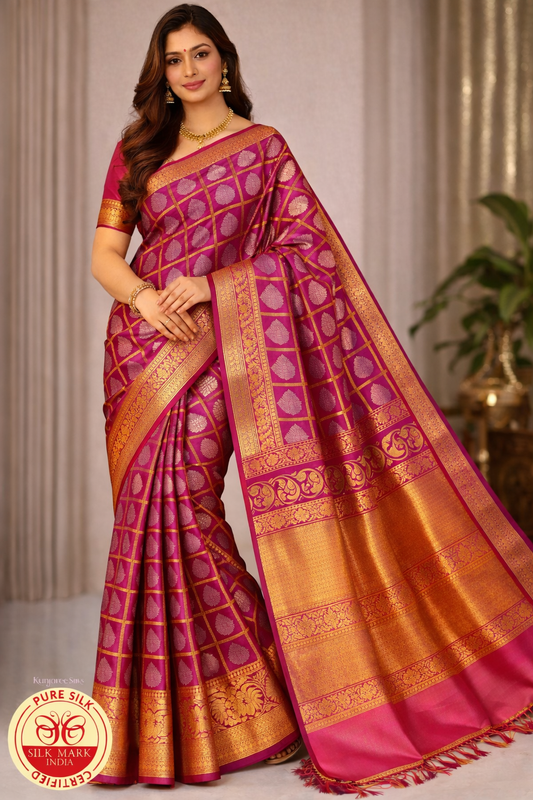 Red Wine Silver with Gold Color Kanjivaram Pure Silk Saree