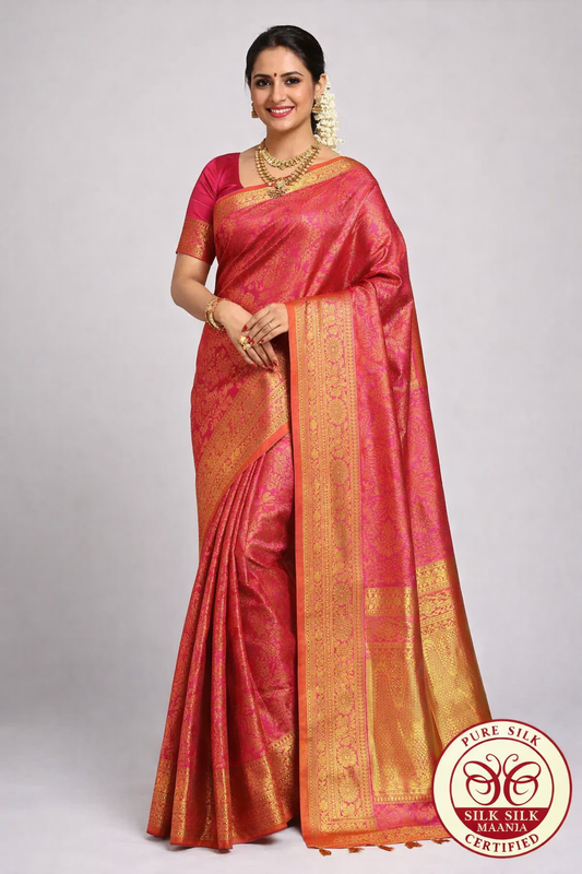 Crimson Pink Pure Kanjivaram Handloom Silk Saree