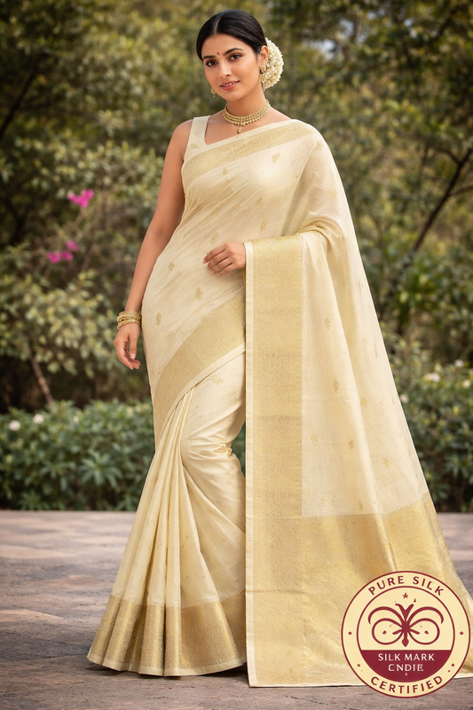 Classic ivory cream shade Pure Handloom Kanjivaram Silk Saree .