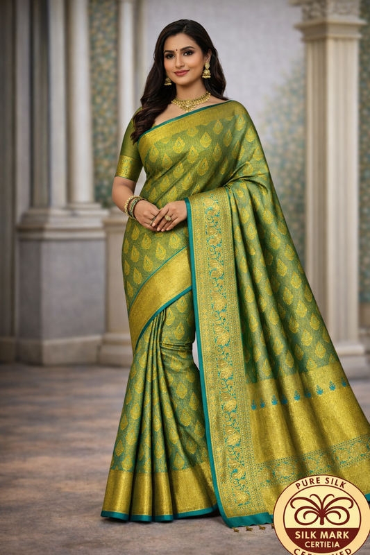 Elegant Olive-Moss Green with Turquoise Zari Accents