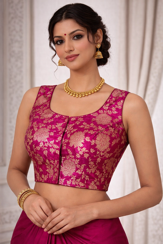 Magenta pink Banarasi Brocade Ready-Made Stretchable Blouse (32–42 Size) with Attached Sleeves