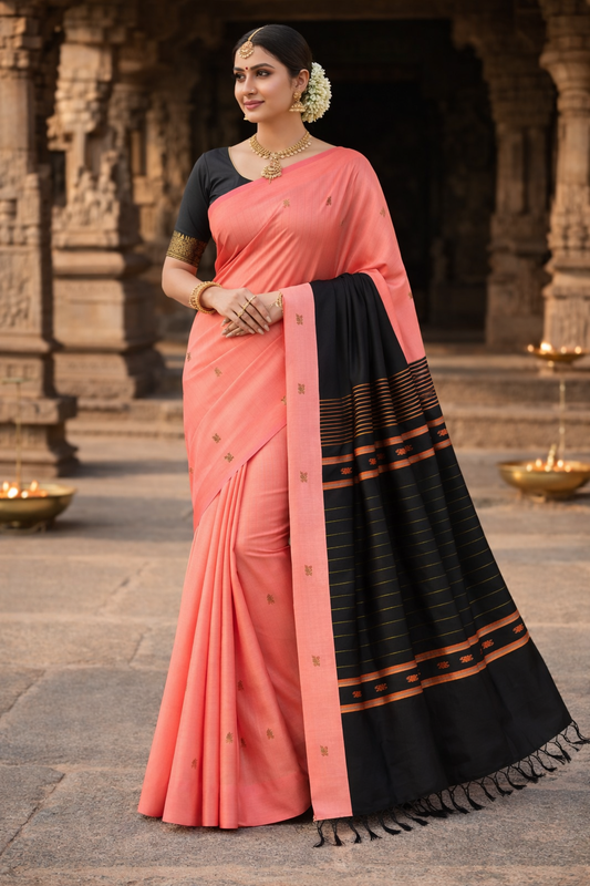 Peach Coral Pink & Black Banana Silk Saree with Thread Butta