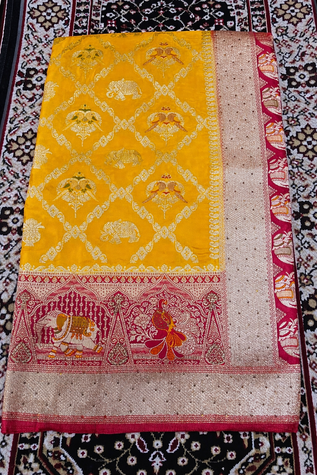 Bridal Yellow Banarasi Silk Saree with Rich Zari Elephant & Peacock Border