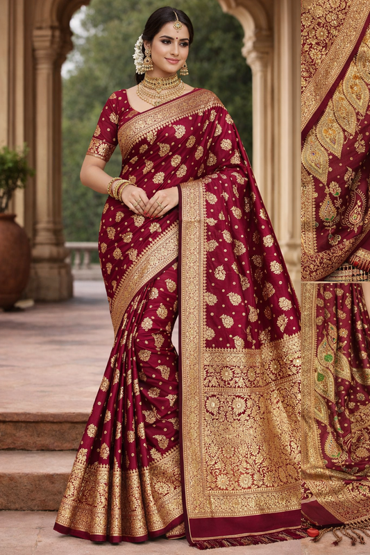 Bridal Maroon Banarasi Silk Saree with Grand Gold Zari Traditional Border
