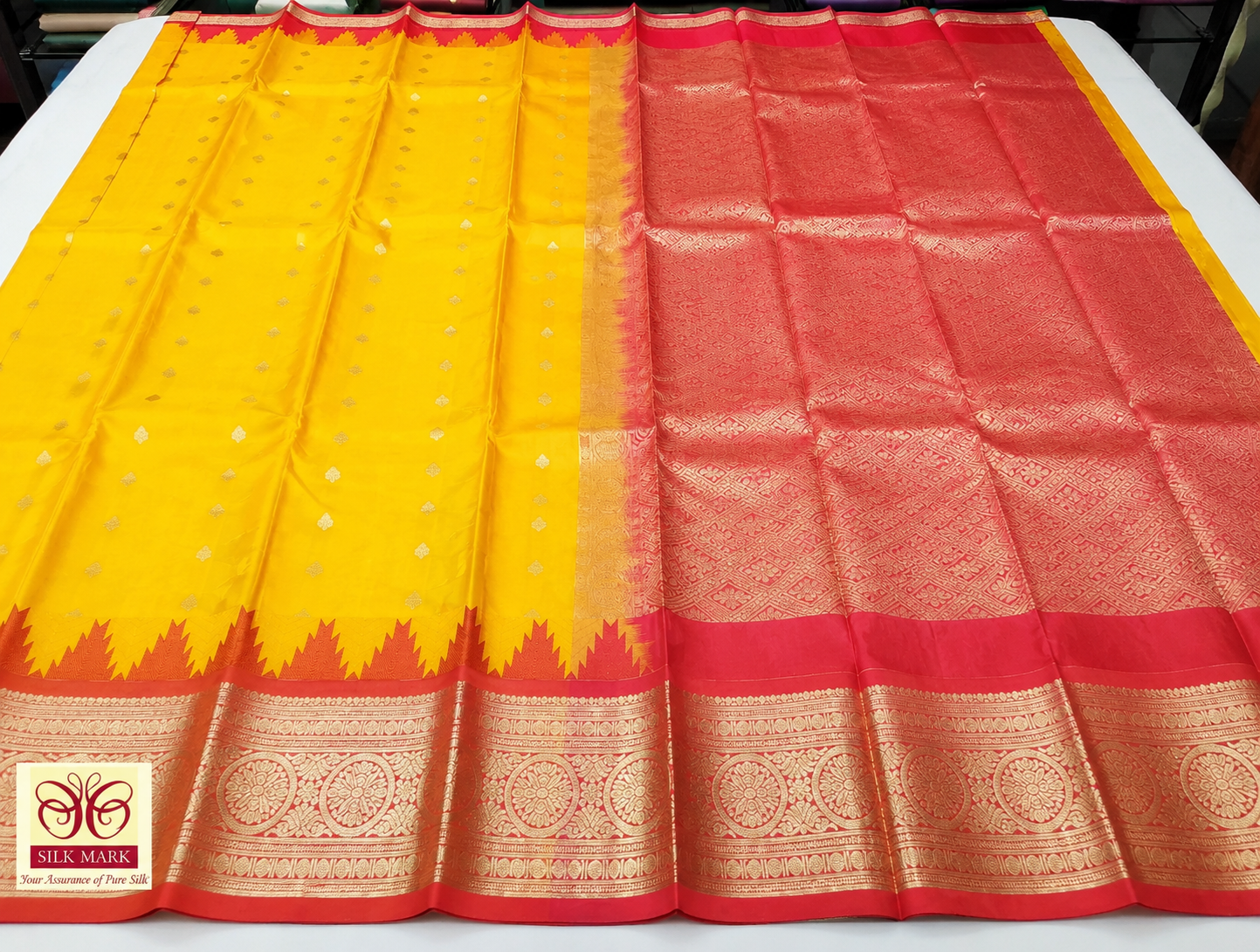 Sunshine Yellow & Coral Red Pure Kanjivaram Handloom Silk Saree with Temple Border