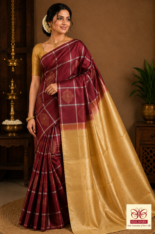 Elegant Maroon Pure Soft Silk Handloom Saree with Antique Gold Pallu