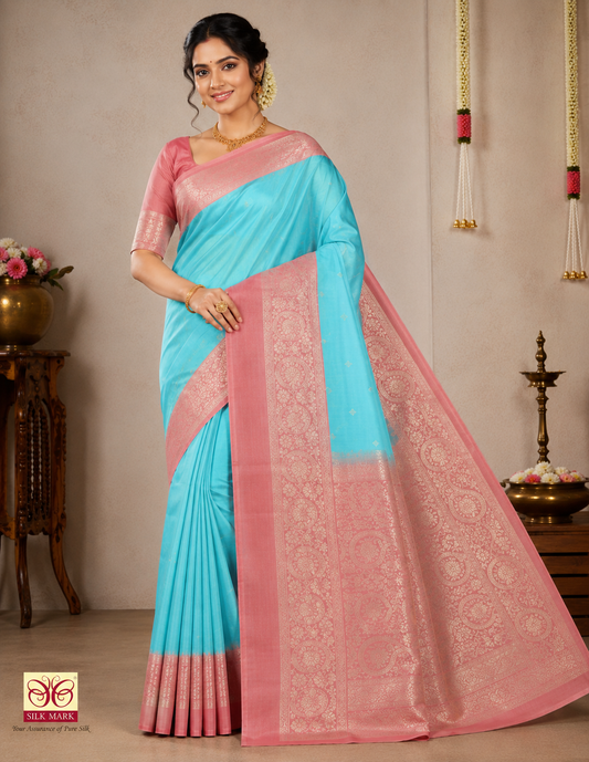 Elegant Sky Blue & Dual Shade Peach Pink Pure Silk Handloom Saree with Silver Zari Pallu