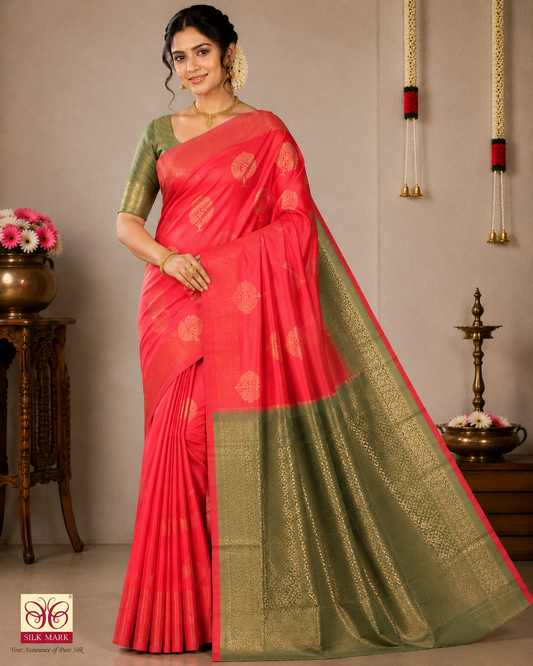 Pure Silk Handloom Soft Silk Saree – Tomato Red with Olive Green Zari Pallu