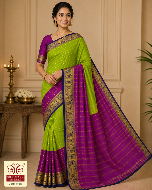 Pure Mysore Silk Saree in Parrot Green & Orchid Purple with Zari Buttas & Peacock Border