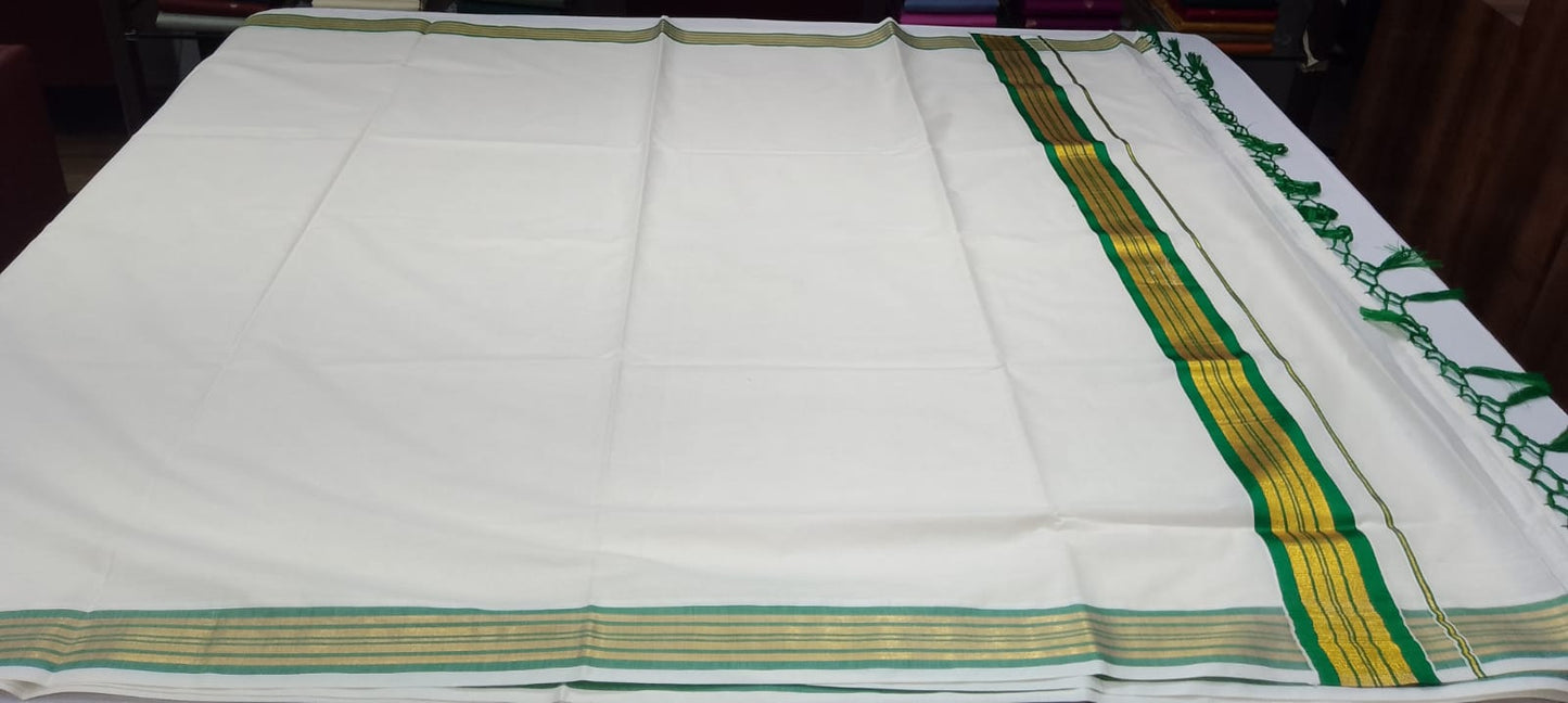 Classic Kerala Cotton Saree with Traditional Green Kasavu Border
